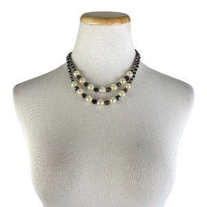 Vintage Faux Pearl Black Beads Necklace 2 Strand Black & Iridescent Beads 1980s